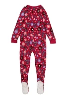 Girls Floral Print Footed Pajamas, Burgundy, Size 5-6