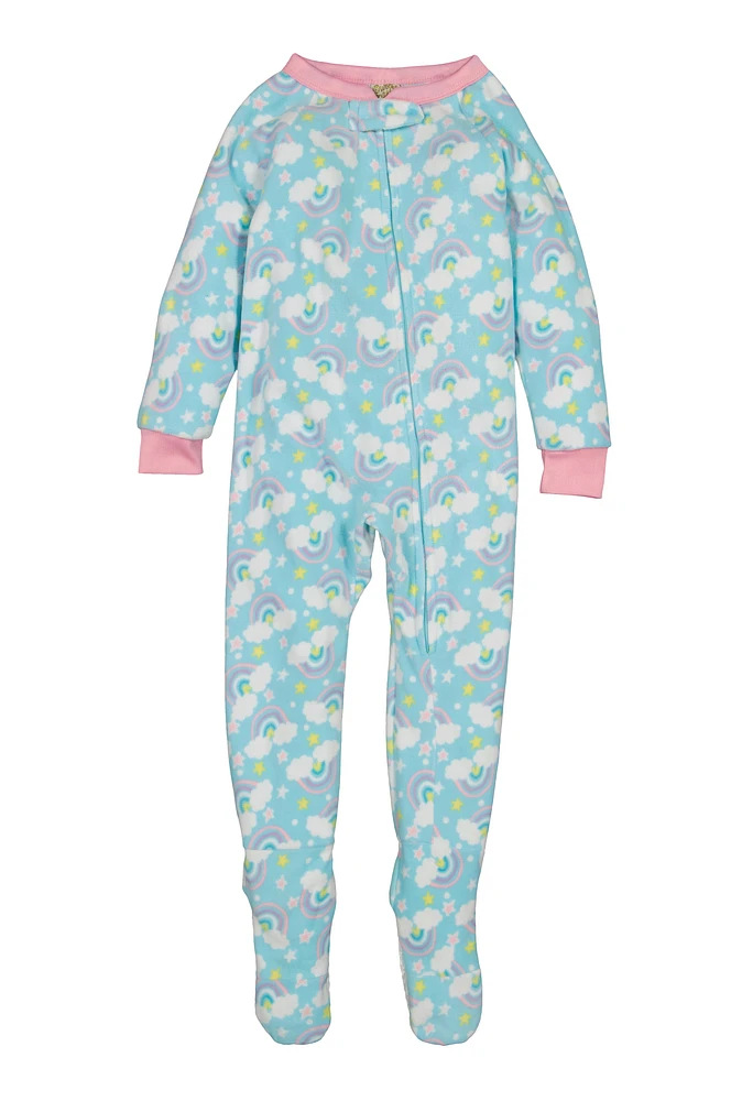 Girls Fleece Rainbow Print Footed Pajamas, Blue, Size 10-12