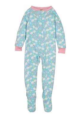 Girls Fleece Rainbow Print Footed Pajamas, Blue, Size 10-12