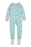 Girls Fleece Rainbow Print Footed Pajamas, Blue, Size 10-12