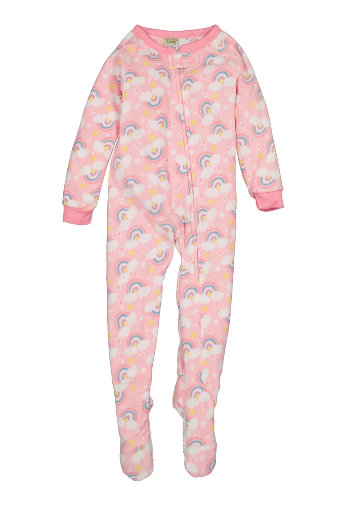 Girls Fleece Rainbow Print Footed Pajamas, Pink, Size 4