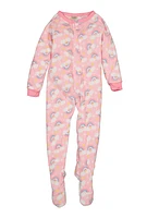 Girls Fleece Rainbow Print Footed Pajamas, Pink, Size 4