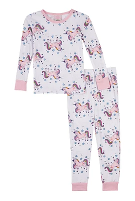 Little Girls Graphic Print Pajama Top and Pants, White, Size 5-6