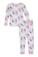 Little Girls Graphic Print Pajama Top and Pants, White, Size 5-6