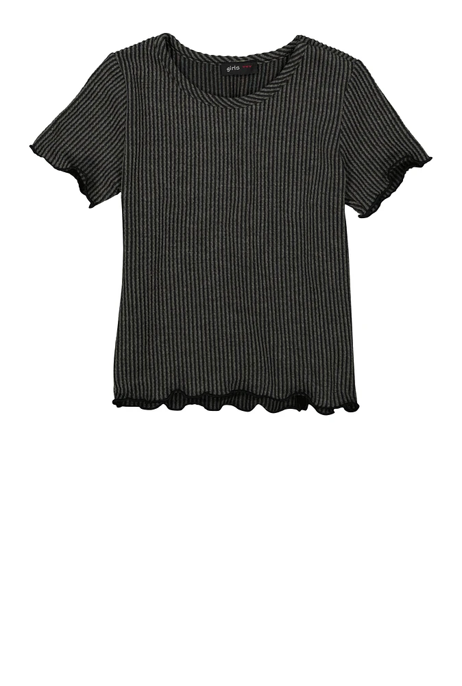 Girls Textured Knit Lettuce Edge Tee, Grey,
