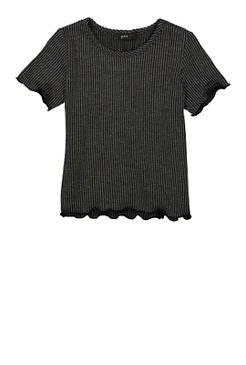 Girls Textured Knit Lettuce Edge Tee, Grey,