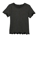 Girls Textured Knit Lettuce Edge Tee, Grey,