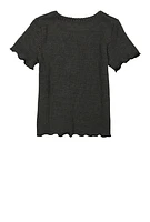 Girls Textured Knit Lettuce Edge Tee, Grey,