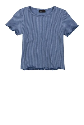 Girls Textured Knit Lettuce Edge Tee, Blue, Size 7-8