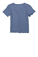 Girls Textured Knit Lettuce Edge Tee, Blue, Size 10-12