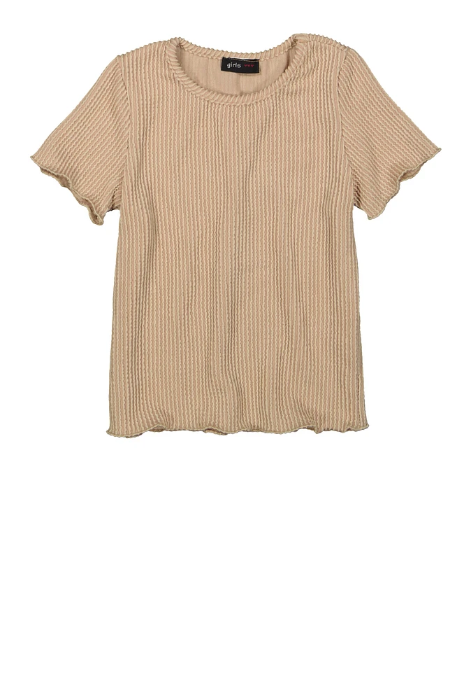 Girls Textured Knit Lettuce Edge Top,