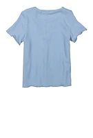 Girls Textured Knit Lettuce Edge Top, Blue,