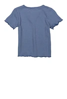 Girls Textured Knit Lettuce Edge Top, Blue,