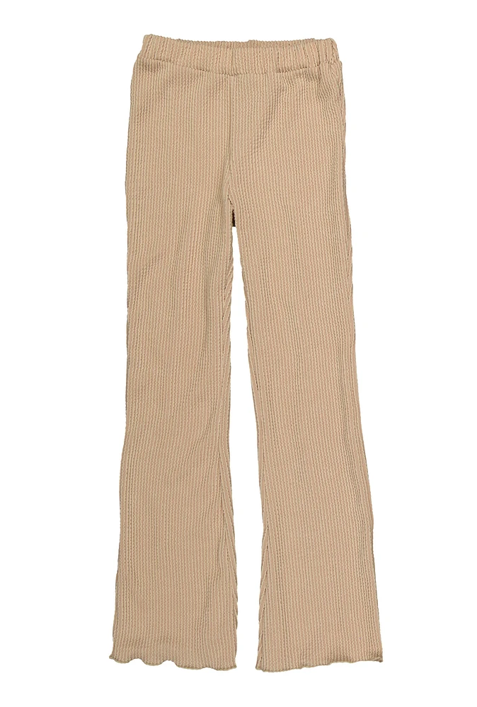 Girls Textured Knit Lettuce Edge Flare Pants, Khaki, Size 7-8