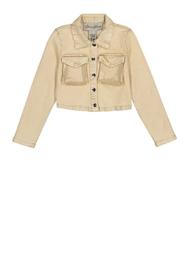 Girls Acid Wash Button Front Jean Jacket, Beige,