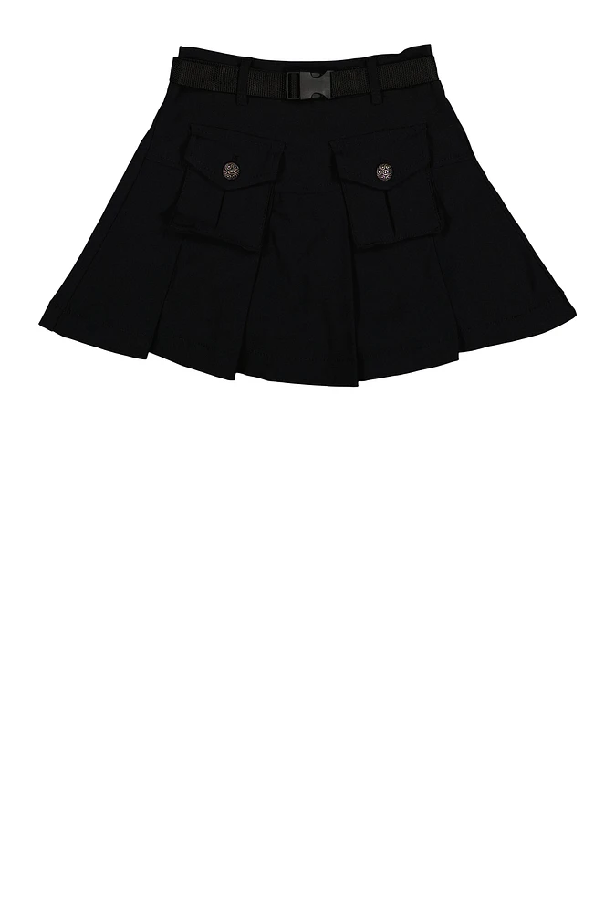 Girls Camo Belted Cargo Pocket Pleated Skirt,