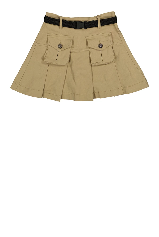 Girls Camo Belted Cargo Pocket Pleated Skirt, Khaki,