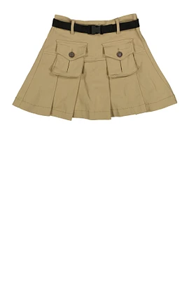 Girls Camo Belted Cargo Pocket Pleated Skirt, Khaki,