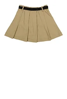 Girls Camo Belted Cargo Pocket Pleated Skirt, Khaki,