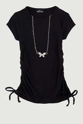Little Girls Ribbed Knit Tee with Rhinestone Butterfly Necklace, Black, Size 6X