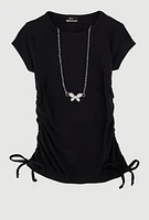 Little Girls Ribbed Knit Tee with Rhinestone Butterfly Necklace, Black, Size 6X