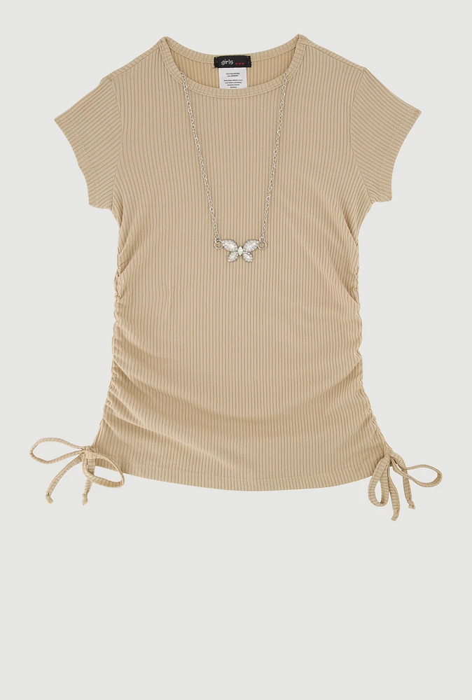 Little Girls Ribbed Knit Tee with Rhinestone Butterfly Necklace, Beige, Size 4