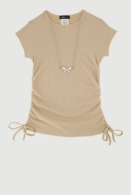 Little Girls Ribbed Knit Tee with Rhinestone Butterfly Necklace, Beige, Size 4