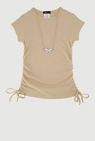 Little Girls Ribbed Knit Tee with Rhinestone Butterfly Necklace, Beige, Size 4