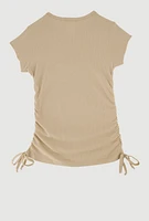 Little Girls Ribbed Knit Tee with Rhinestone Butterfly Necklace, Beige, Size 4