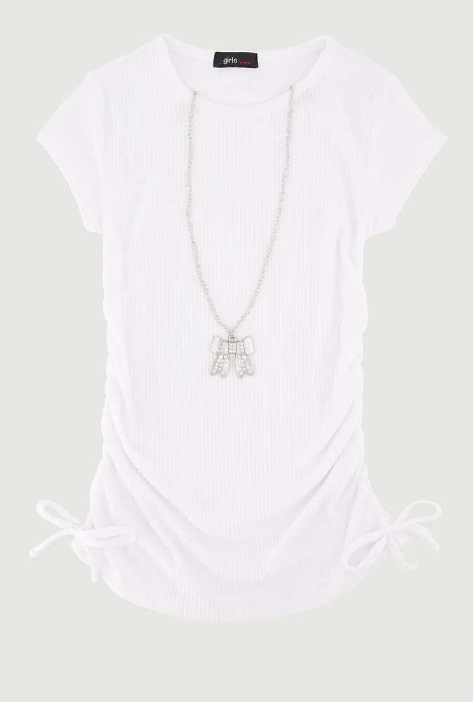 Little Girls Ribbed Knit Tee with Removable Rhinestone Bow Necklace, White, Size 5-6