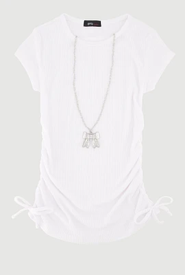 Little Girls Ribbed Knit Tee with Removable Rhinestone Bow Necklace, White, Size 5-6