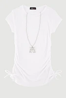 Little Girls Ribbed Knit Tee with Removable Rhinestone Bow Necklace, White, Size 5-6