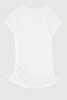 Little Girls Ribbed Knit Tee with Removable Rhinestone Bow Necklace, White, Size 5-6