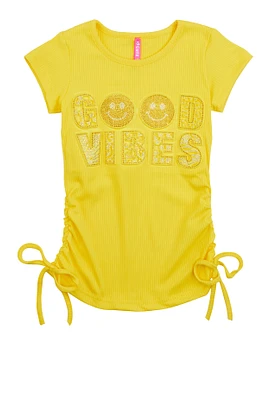 Little Girls Good Vibes Rhinestone Graphic Tee, Yellow,