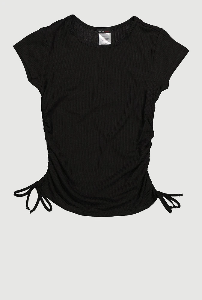 Girls Trendy Side Ruched Ribbed Knit Crew Neck Tee, Black, Size 10-12