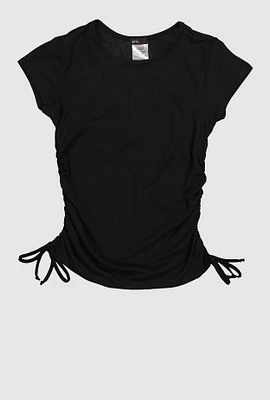 Girls Trendy Side Ruched Ribbed Knit Crew Neck Tee, Black, Size 10-12