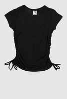 Girls Trendy Side Ruched Ribbed Knit Crew Neck Tee, Black, Size 10-12