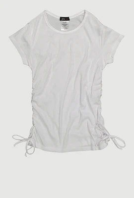 Girls Trendy Side Ruched Ribbed Knit Crew Neck Tee, White, Size 7-8