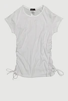 Girls Trendy Side Ruched Ribbed Knit Crew Neck Tee, White, Size 7-8