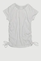 Girls Trendy Side Ruched Ribbed Knit Crew Neck Tee, White, Size 7-8