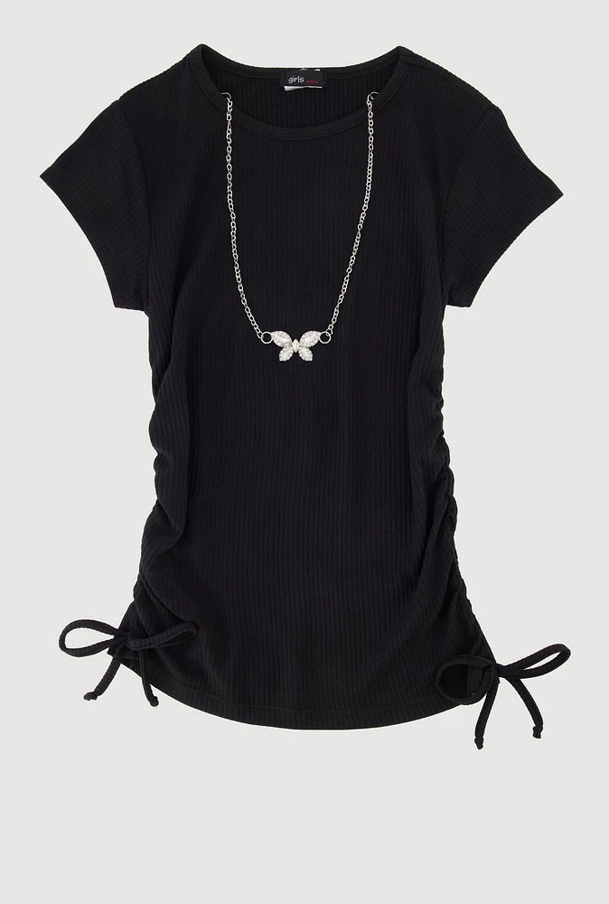 Girls Ribbed Knit Tee with Rhinestone Butterfly Necklace, 14-16