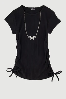 Girls Ribbed Knit Tee with Rhinestone Butterfly Necklace, 14-16