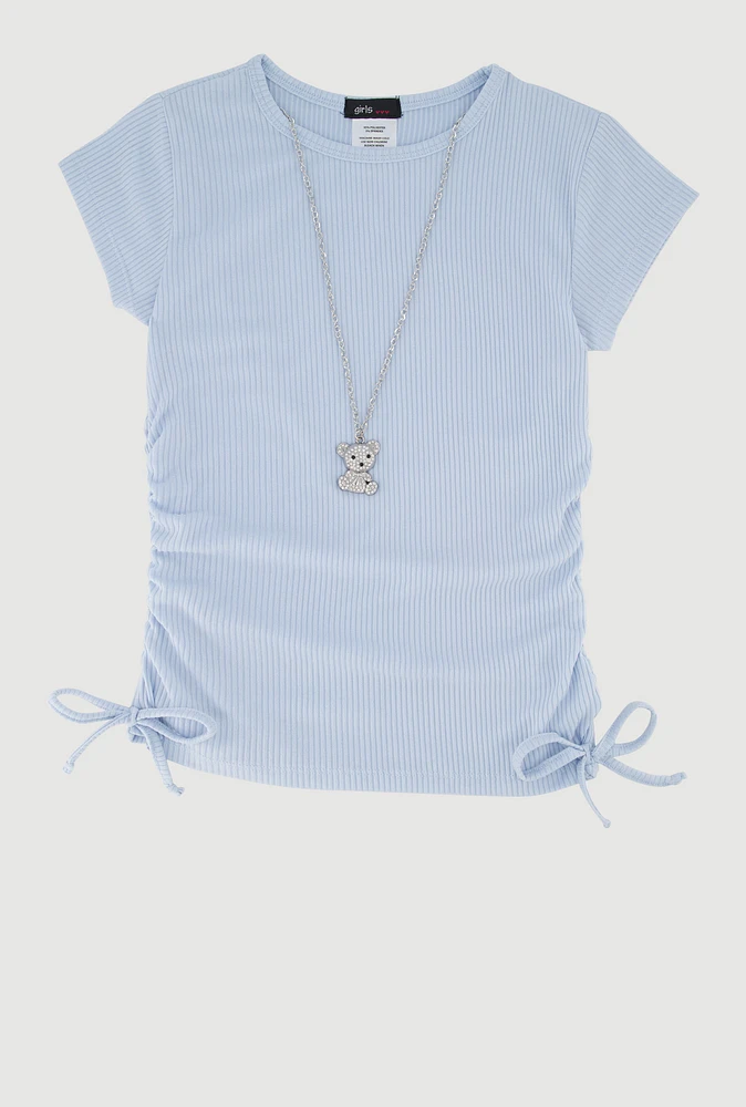 Girls Trendy Rib Knit Tee with Bear Chain Necklace,