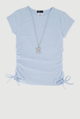 Girls Trendy Rib Knit Tee with Bear Chain Necklace,