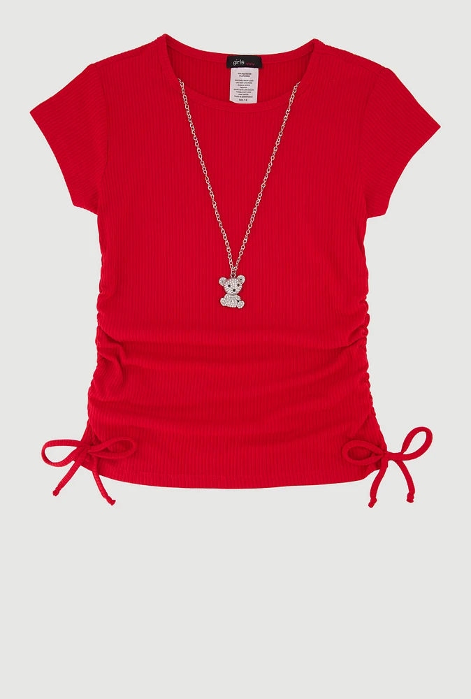Girls Trendy Rib Knit Tee with Bear Chain Necklace, Red, Size 7-8