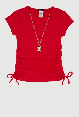Girls Trendy Rib Knit Tee with Bear Chain Necklace, Red, Size 7-8