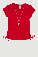 Girls Trendy Rib Knit Tee with Bear Chain Necklace, Red, Size 7-8