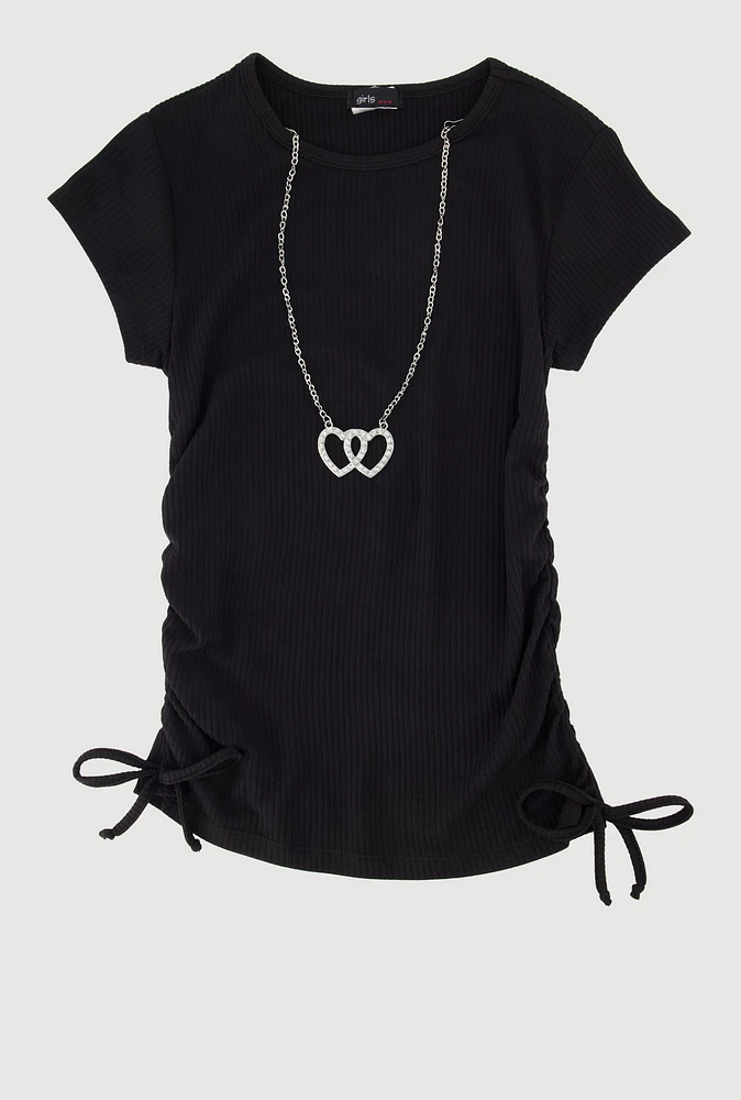 Girls Ribbed Knit Tee with Double Heart Rhinestone Necklace, Black, Size 7-8