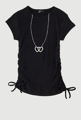 Girls Ribbed Knit Tee with Double Heart Rhinestone Necklace, Black, Size 7-8