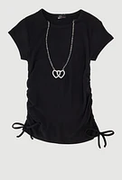 Girls Ribbed Knit Tee with Double Heart Rhinestone Necklace, Black, Size 7-8